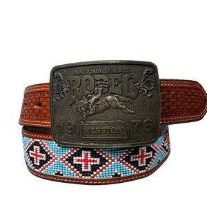 Hesston NFR Western Rodeo Belt buckle beaded turquoise Native American 34 tooled